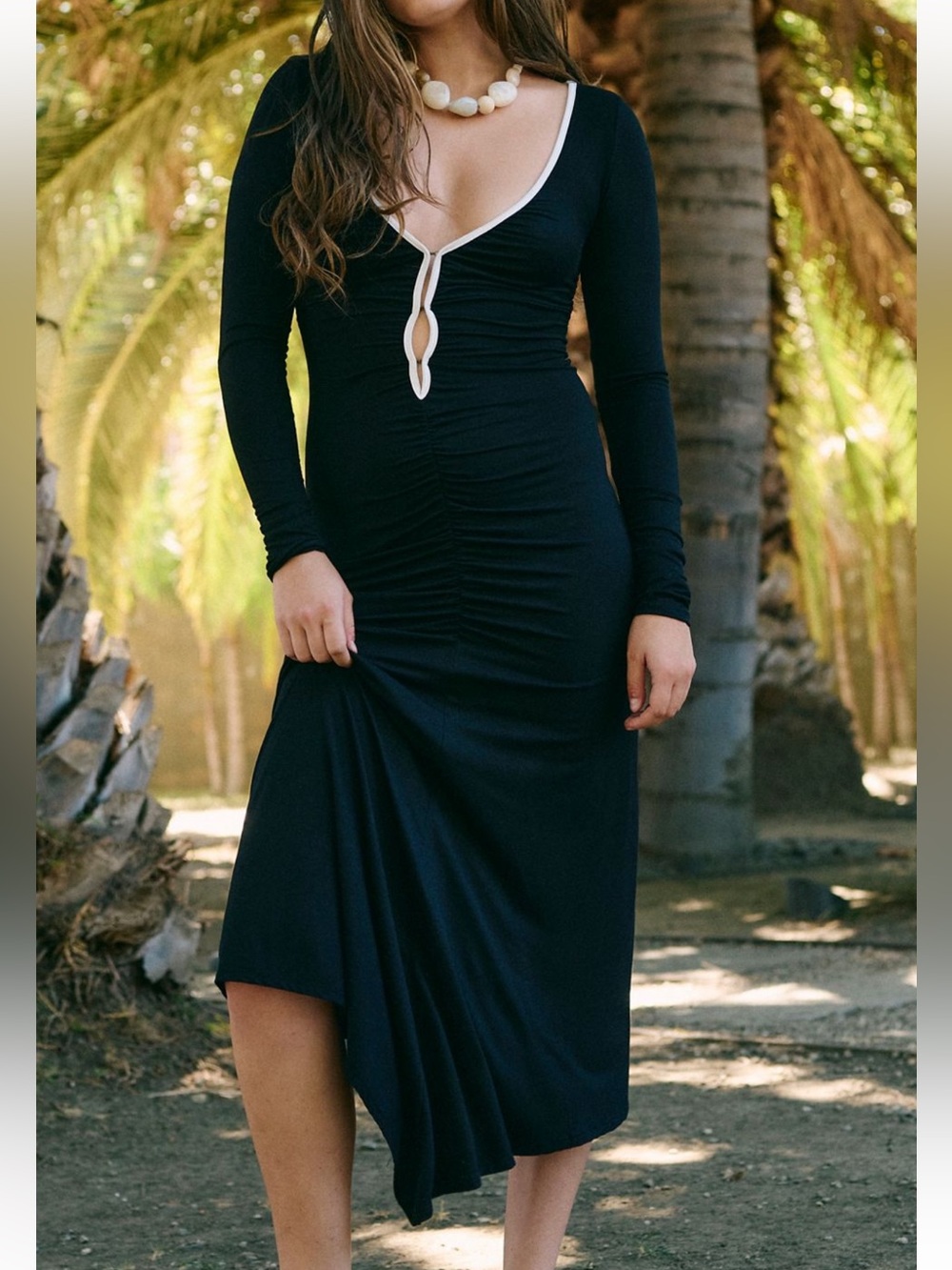 Free People Black Long Sleeve Keyhole Midi Dress with White Trim